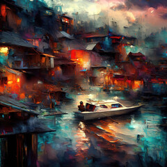 oil painting by artists depicting a boat with a man in the evening, Ai generated - 746752220