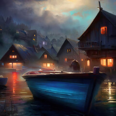oil painting by artists depicting a boat with a man in the evening, Ai generated - 746752223