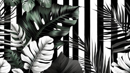 Tropical leaves on a striped background with a touch of elegance and exotic beauty, black and white style