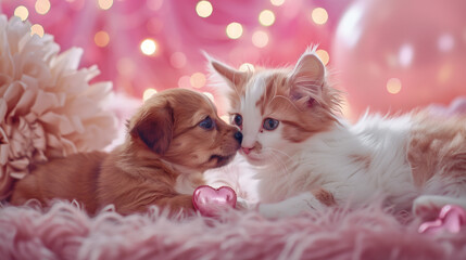 Puppy and Kitten Sharing a Valentine's Moment