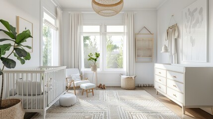 a white and bright nursery room, featuring a cozy rug that adds warmth and comfort to the space, the airy and inviting ambiance of the room, natural light and minimalistic decor.