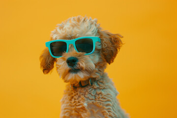 Stylish Poodle in Turquoise Sunglasses on Yellow Background