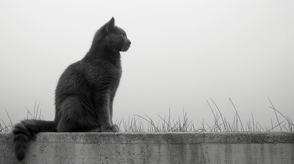 Black and White Photo of a Cat Sitting on a Border