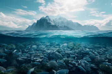 An underwater view of a polluted ocean with plastic waste and fish swimming, set against a backdrop of a mountainous island, highlighting marine pollution.

