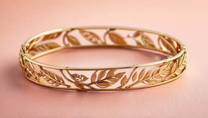 a close up of a gold bracelet on a pink surface with a leaf design on the front of the bracelet.