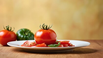 a white plate topped with a pile of tomatoes and a pile of green peppers on top of a wooden table.
