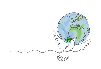 Planet Earth with dove of peace drawn in one continuous line. One line drawing, minimalism. Vector illustration.