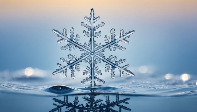 a close up of a snowflake in the water with drops of water on the bottom of the picture.