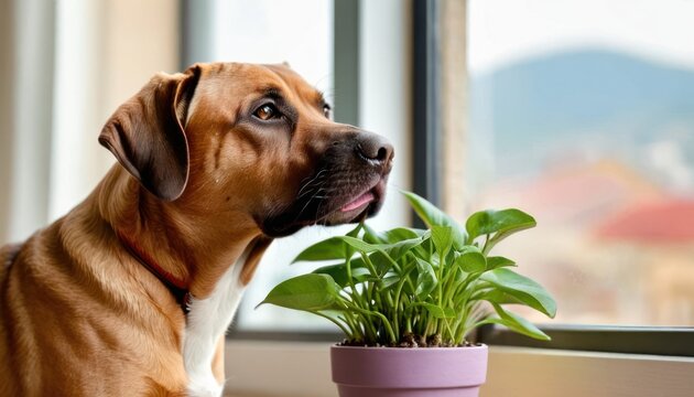 a dog sitting next to a potted plant on a window sill with a mountain view in the background.