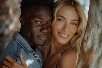 Fototapeta premium A multiracial, interracial couple smiling and standing side by side.
