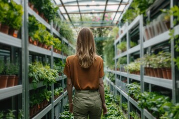 A woman, possibly a biologist or gardener, navigating rows of plants in a greenhouse setting.