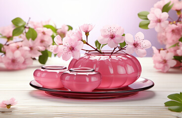 Obraz na płótnie Canvas delicate pink cherry flowers in a glass vase, spring still life