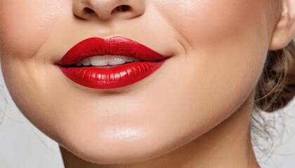a close up of a woman's face with bright red lipstick on her lips and a bun