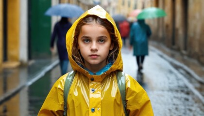 a young girl wearing a yellow raincoat and carrying an umbrella on a rainy day in a european alleyway.