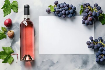 Elegant rosé wine presentation with grapes and blank card