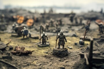 A serene aftermath of a miniature battlefield with soldiers minifigures, captured with a tilt shift lens to emphasize solitude