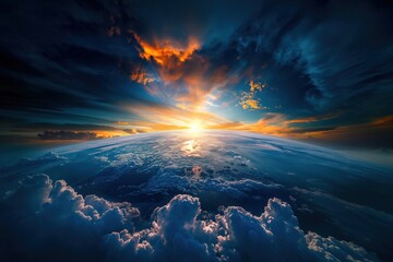 View of the setting sun casting a warm glow over the clouds above Earth.