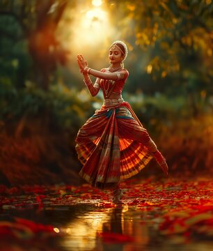 Beautiful Indian girl dancing classical traditional Indian dance Bharat Natyam .
