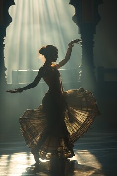 A woman in a long dress is gracefully dancing traditional Bharat Natyam steps.