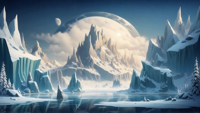 Winter fantasy landscape with iceberg, moon, icy lake, pine trees, and snowy mountains