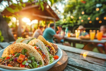 Vibrant tacos on a table set against a blurry background of a festive outdoor gathering - obrazy, fototapety, plakaty