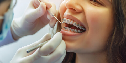 Jugendliche mit Zahnspange während einer Zahnarztbehandlung
