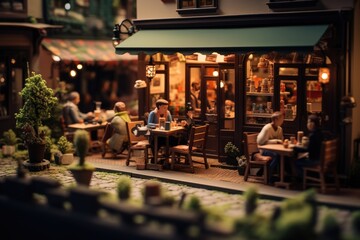 A tilt shift snapshot of a bustling miniature street cafe, exuding warmth and charm