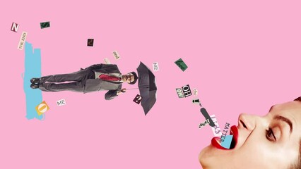 Young woman emotionally shouting, different words in type of newspaper cut falling down at man under umbrella. Stop motion, animation. Misunderstanding in relationship. Concept of communication - Powered by Adobe