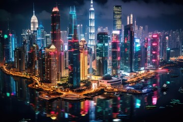 A tilt-shift lens blurs this nocturnal cityscape, transforming a bustling megapolis into a toy like panorama