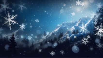 Snowflakes falling on a snowy mountain with a silhouette of a forest against a blue bokeh background, evoking a winter Christmas scene