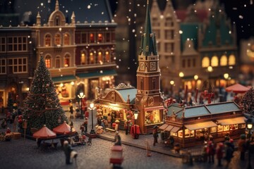 Fototapeta na wymiar A tilt-shift effect transforms a bustling village scene into a captivating, toy like world aglow with holiday spirit