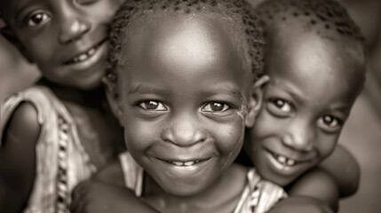 international Day of the African Child, portrait of little African girls and boys, happy smiling African children, black and white photo