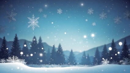 Fototapeta na wymiar Snowy winter landscape with snowflakes, trees, forest and mountain silhouette, snowy ground, blue bokeh background, Christmas Abstract Backdrops