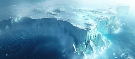 A large iceberg, part of a glacier, floats in the cold waters of the North Pole. The iceberg appears massive, contrasting with the vast ocean surrounding it.