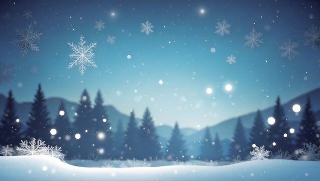 Snowy winter landscape with snowflakes, trees, forest and mountain silhouette, snowy ground, blue bokeh background, Christmas Abstract Backdrops