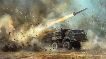 a powerful missile truck launching into action, with billowing smoke and flames engulfing the scene as the vehicle accelerates forward, ready to deliver its payload with precision and force.