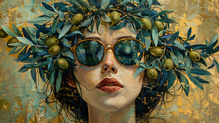 portrait of a woman with olives in her hair