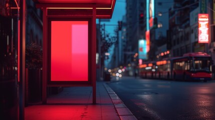 Blank billboard on bus stop shelter at night
