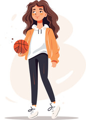 Young female basketball, casual attire, smiling. Sports fitness lifestyle, basketball player girl vector illustration