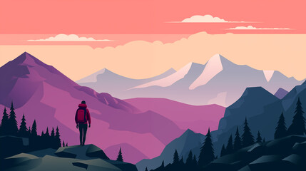 Hiker standing and enjoying incredible view of mountains. Flat modern illustration. Copy space for text