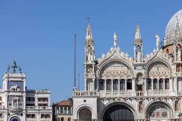 St Mark's Basilica (Basilica di San Marco) and Mark's Clock tower (Torre dell'Orologio), Venice,...