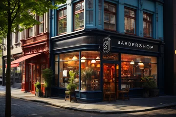 Gordijnen Barber Shop Exterior View: Storefront of barbershop on a quiet city street. © tynza