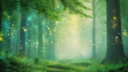 Mystical  and magical emerald green bokeh forest background