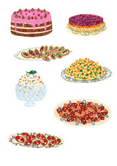 Isolated stylized graphics kitchen set on transparent background. Collection of pdf elements. Plates, dishes, serving, food and salads. Set for designing cards for birthdays and holidays.
