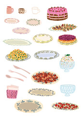 Isolated stylized graphics kitchen set on transparent background. Collection of pdf elements. Plates, dishes, serving, food and salads. Set for designing cards for birthdays and holidays.