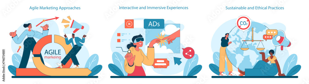 Poster marketing 5.0 approaches set. agile methodologies, interactive technologies