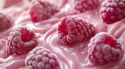 Close-up of creamy and refreshing texture of raspberry ice cream with small pieces of the fruit. Juicy raspberry chunks of irresistible ice cream.