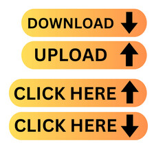yellow Download button, yellow upload button, download icon and upload icon, click here button