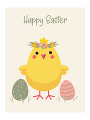 Easter card. Cute illustration with chicken and eggs. Vector design template.