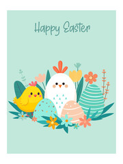Easter card. Cute illustration with chickens, eggs and flowers. Vector template.
